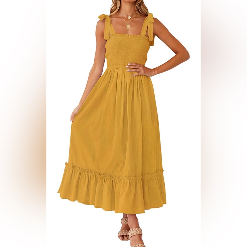 Boho Spaghetti Strap Square Neck Solid Color Ruffle A Line Beach Long Maxi Dress